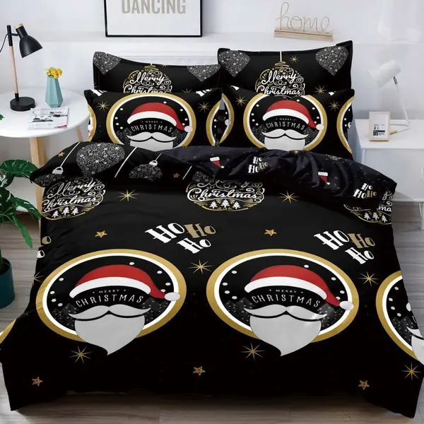 Lenjerie pat dublu, FINET, 6 piese, Craciun, Jojo Home, Negru-Multicolor, Ho-Ho-Ho