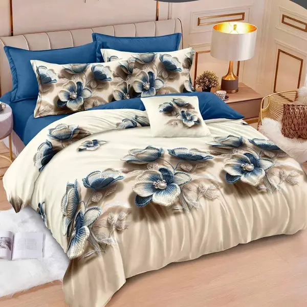 Lenjerie pat dublu, Finet, 6 piese, Crem, Albastru, flori