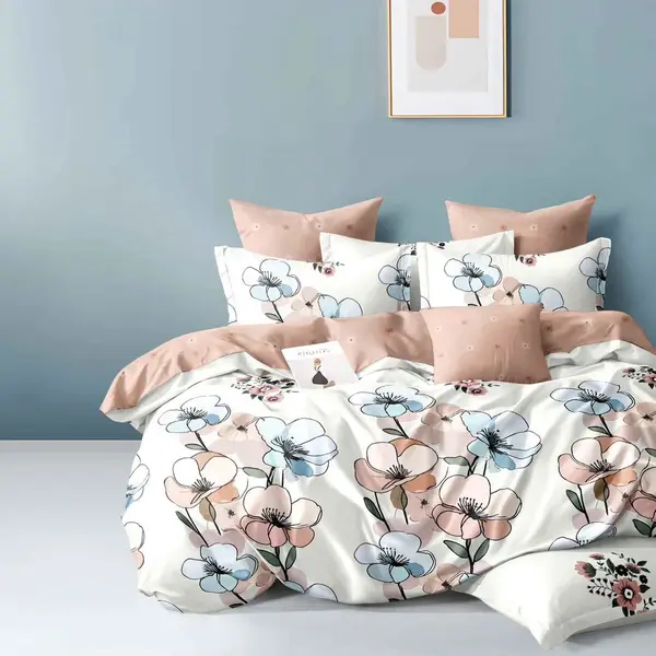 Lenjerie pat dublu, Finet, 6 piese, Crem, Bej, flori