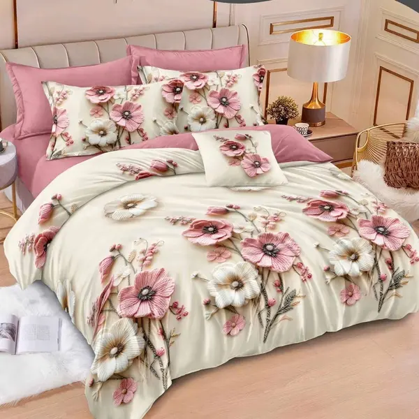 Lenjerie pat dublu, Finet, 6 piese, Crem, Roz, flori