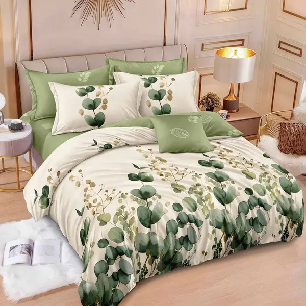 Lenjerie pat dublu, Finet, 6 piese, Crem, Verde, flori