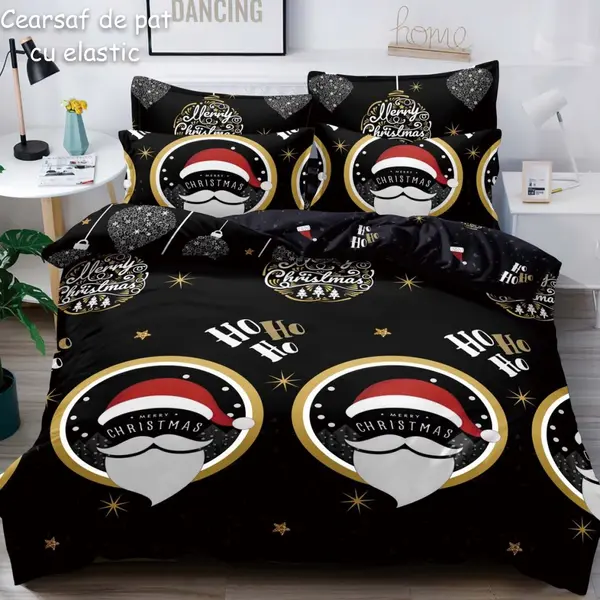 Lenjerie pat dublu, FINET, 6 piese, cu ELASTIC, Craciun, Jojo Home, Negru-Multicolor, Ho-Ho-Ho