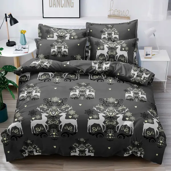 Lenjerie pat dublu, FINET, 6 piese, cu ELASTIC, Craciun, Jojo Home, Gri, reni