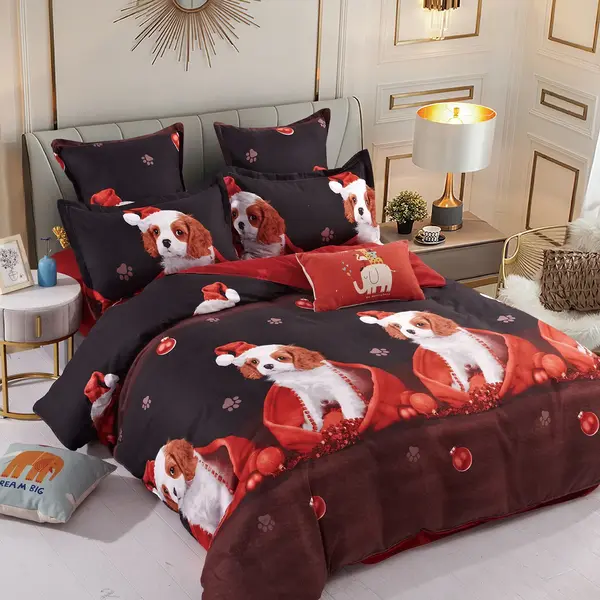 Lenjerie pat dublu, FINET, 6 piese, cu ELASTIC, Craciun, Jojo Home, Negru-Rosu, catelusi