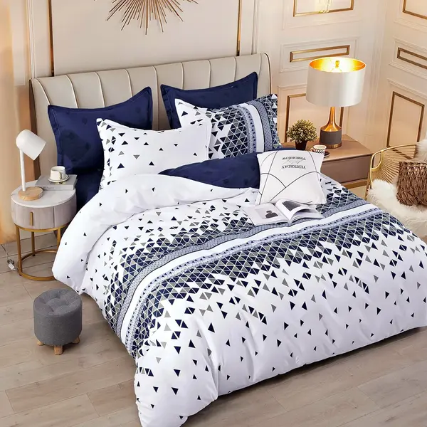 Lenjerie pat dublu, FINET, 6 piese, cu ELASTIC, Jojo Home, Alb-Bleumarin, forme geometrice