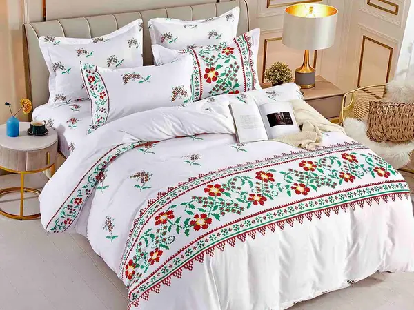 Lenjerie pat dublu, FINET, 6 piese, cu ELASTIC, Jojo Home, Alb-Rosu-Verde, model traditional