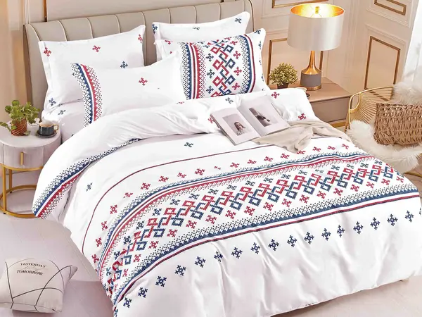 Lenjerie pat dublu, FINET, 6 piese, cu ELASTIC, Jojo Home, Alb-Rosu-Negru, model traditional