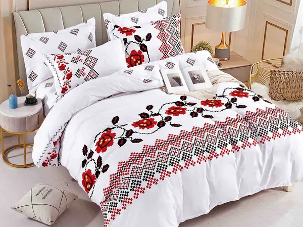 Lenjerie pat dublu, FINET, 6 piese, cu ELASTIC, Jojo Home, Alb-Rosu, model traditional