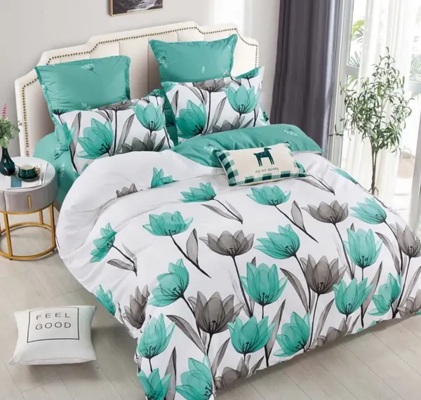 Lenjerie pat dublu, FINET, 6 piese, cu ELASTIC, Jojo Home, Alb, Turquoise, Lalele