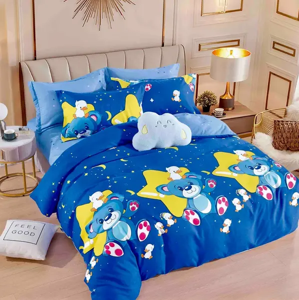 Lenjerie pat dublu, FINET, 6 piese, cu ELASTIC, Jojo Home, Albastru, stelute, ursuleti