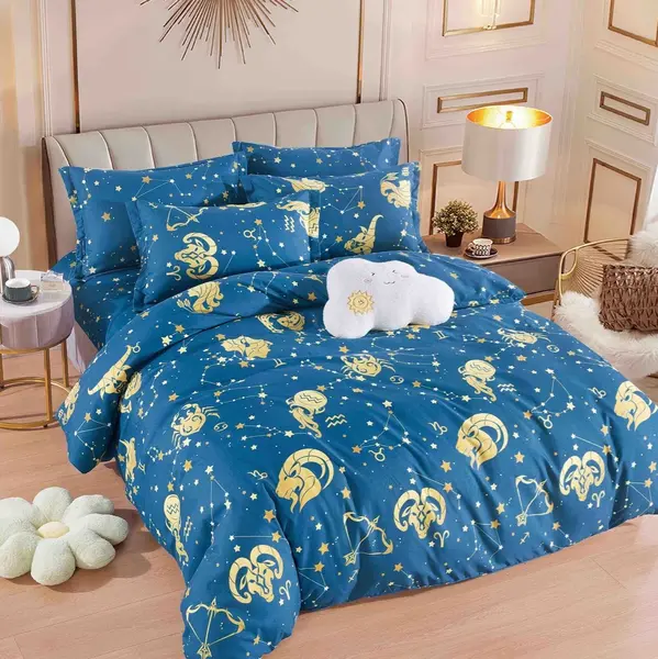 Lenjerie pat dublu, FINET, 6 piese, cu ELASTIC, Jojo Home, Albastru, zodiac