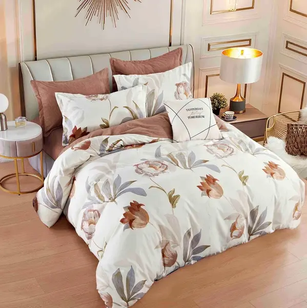 Lenjerie pat dublu, FINET, 6 piese, cu ELASTIC, Jojo Home, Bej, flori