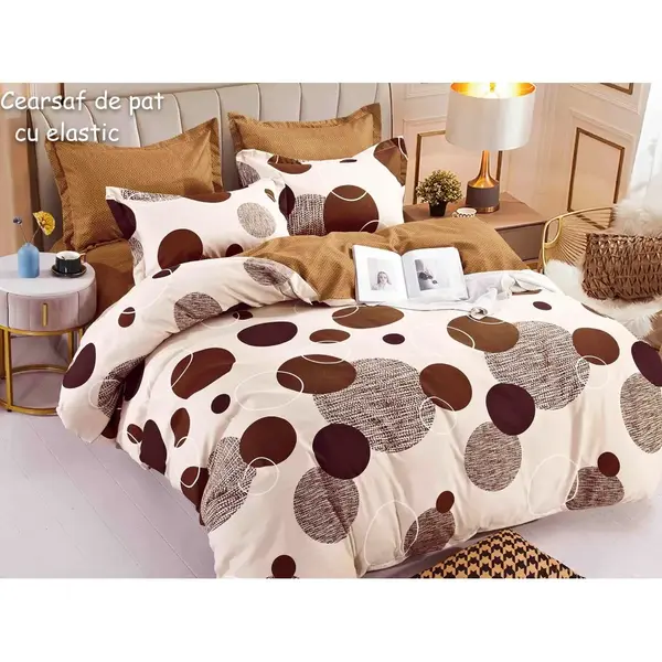 Lenjerie pat dublu, FINET, 6 piese, cu ELASTIC, Jojo Home, Bej-Maro, buline