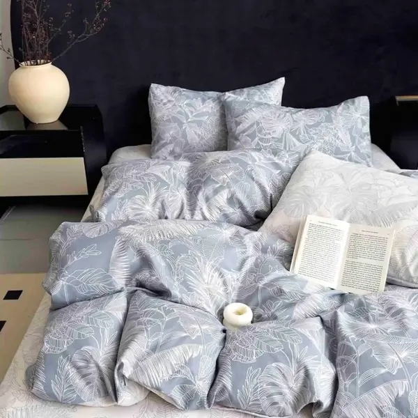 Lenjerie pat dublu, FINET, 6 piese, cu ELASTIC, Jojo Home, Bleu, frunze