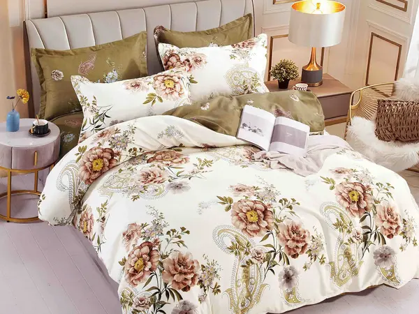 Lenjerie pat dublu, FINET, 6 piese, cu ELASTIC, Jojo Home, Crem, flori