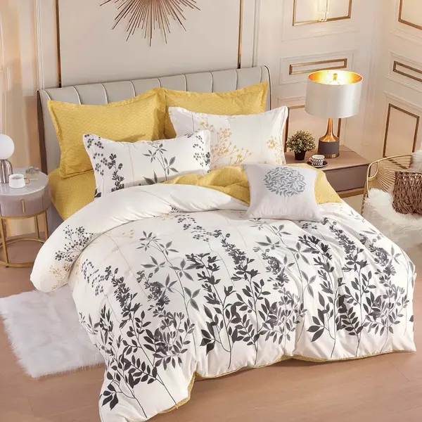 Lenjerie pat dublu, FINET, 6 piese, cu ELASTIC, Jojo Home, Crem, Galben, Flori si Frunze