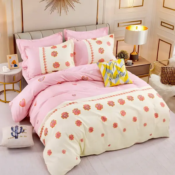 Lenjerie pat dublu, FINET, 6 piese, cu ELASTIC, Jojo Home, Crem-Roz, floricele