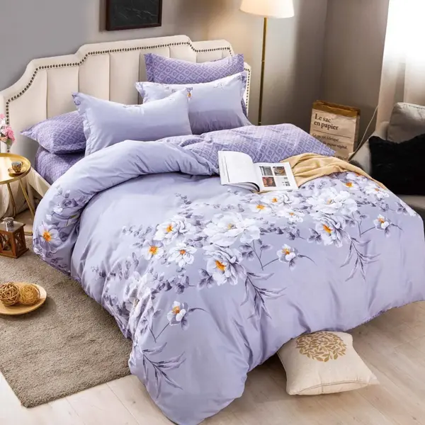 Lenjerie pat dublu, FINET, 6 piese, cu ELASTIC, Jojo Home, Gri-Movuriu, flori