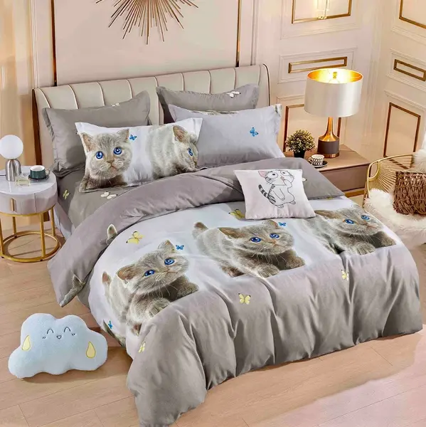 Lenjerie pat dublu, FINET, 6 piese, cu ELASTIC, Jojo Home, Gri, pisicute, fluturasi