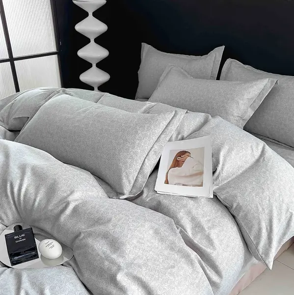 Lenjerie pat dublu, FINET, 6 piese, cu ELASTIC, Jojo Home, Gri, trandafiri