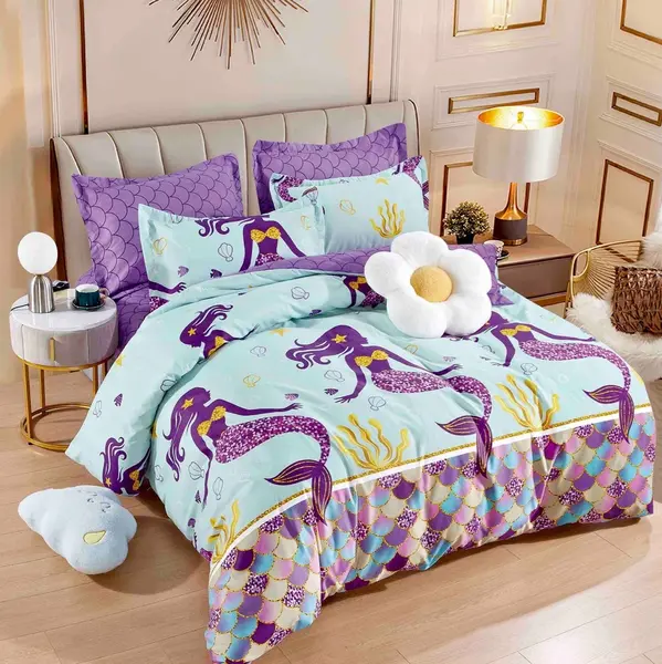 Lenjerie pat dublu, FINET, 6 piese, cu ELASTIC, Jojo Home, Mov, sirene