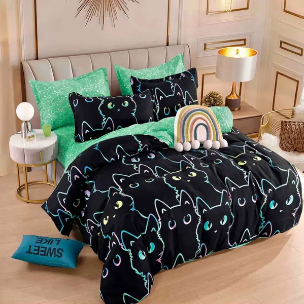 Lenjerie pat dublu, FINET, 6 piese, cu ELASTIC, Jojo Home, Negru, pisicute