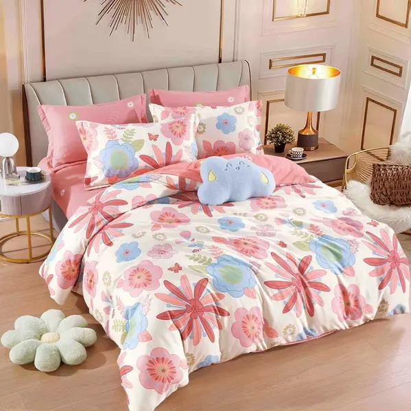 Lenjerie pat dublu, FINET, 6 piese, cu ELASTIC, Jojo Home, Roz, flori