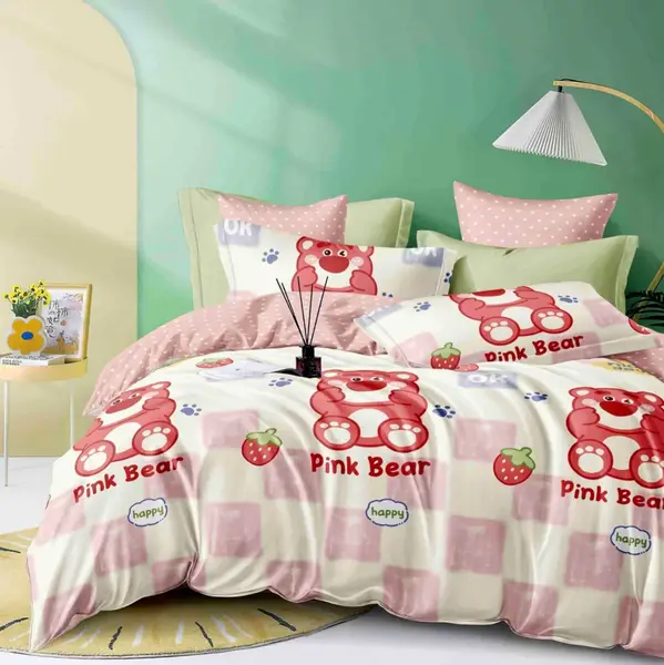 Lenjerie pat dublu, FINET, 6 piese, cu ELASTIC, Jojo Home, Roz, ursuleti, capsune