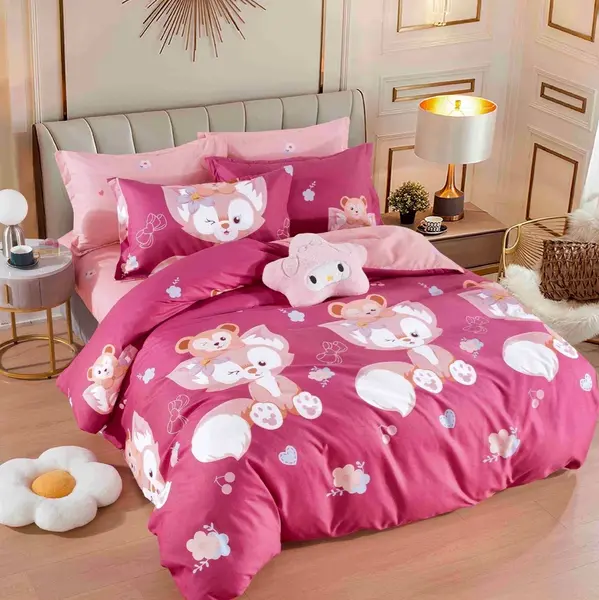 Lenjerie pat dublu, FINET, 6 piese, cu ELASTIC, Jojo Home, Roz, vulpite, ursuleti