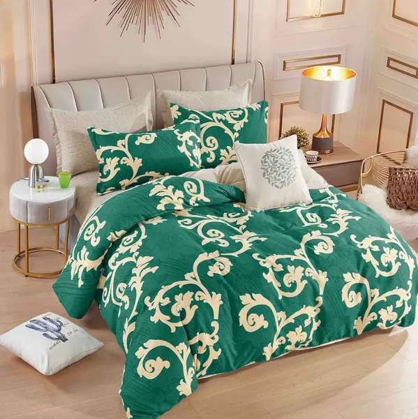 Lenjerie pat dublu, FINET, 6 piese, cu ELASTIC, Jojo Home, Verde, model oriental