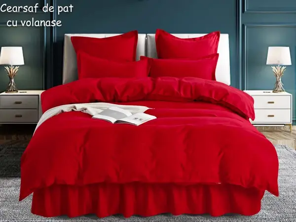 Lenjerie pat dublu, FINET, 6 piese, cu volanase, Jojo Home, Rosu