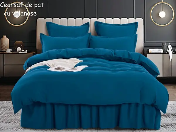 Lenjerie pat dublu, FINET, 6 piese, cu volanase, Jojo Home, Turquoise