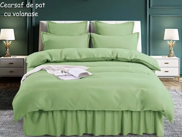 Lenjerie pat dublu, FINET, 6 piese, cu volanase, Jojo Home, Vernil