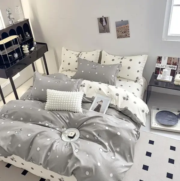 Lenjerie pat dublu, Finet, 6 piese, Gri, buline