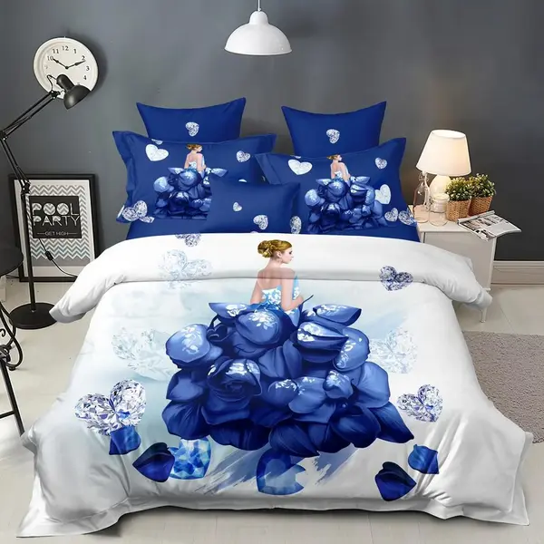 Lenjerie pat dublu, FINET, 6 piese, IDENTICA CU POZA, Albastru, flori