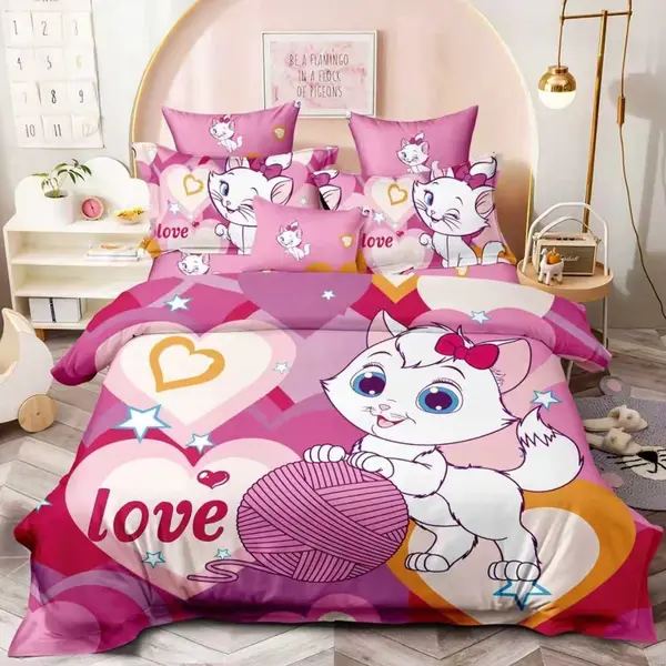 Lenjerie pat dublu, FINET, 6 piese, IDENTICA CU POZA, Roz, pisicuta