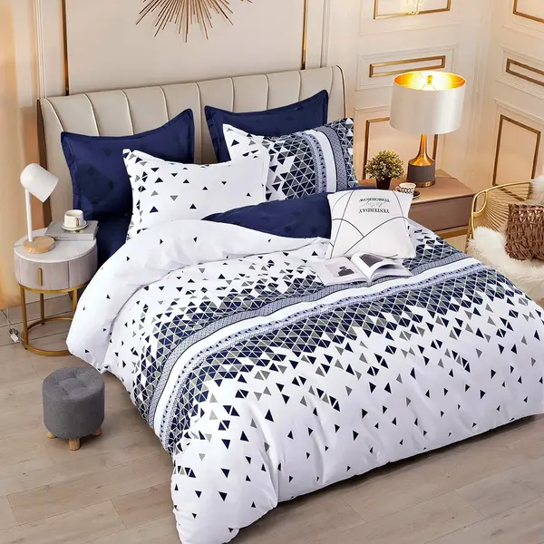 Lenjerie pat dublu, FINET, 6 piese, Jojo Home, Alb-Bleumarin, forme geometrice