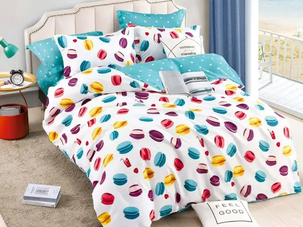 Lenjerie pat dublu, FINET, 6 piese, Jojo Home, Alb-Multicolor, macarons