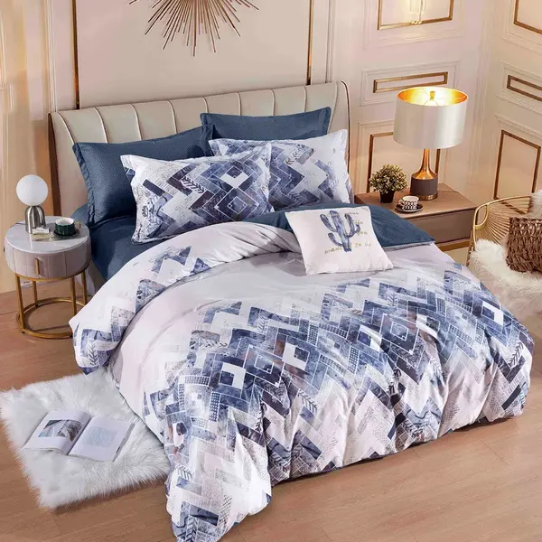 Lenjerie pat dublu, FINET, 6 piese, Jojo Home, Albastru, forme geometrice