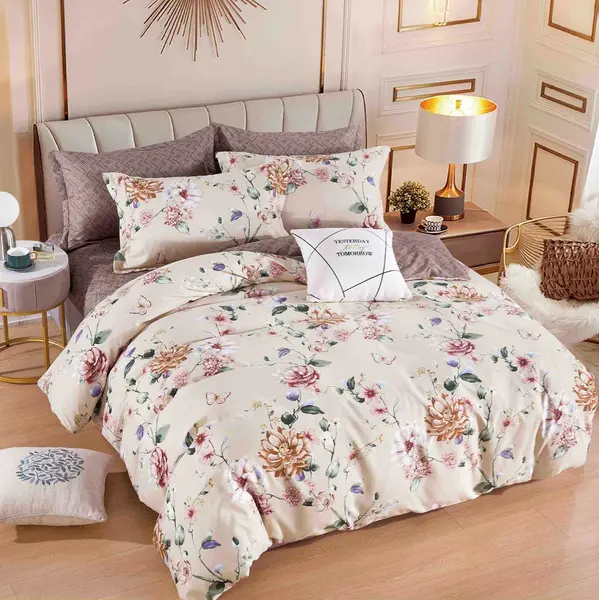 Lenjerie pat dublu, FINET, 6 piese, Jojo Home, Bej, flori
