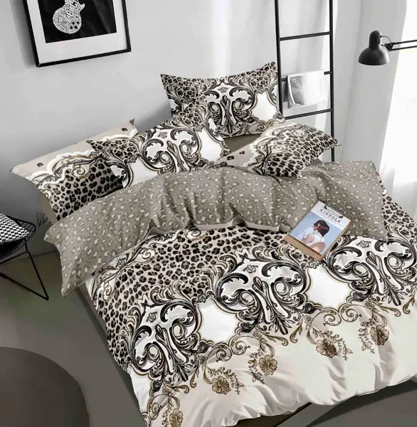 Lenjerie pat dublu, FINET, 6 piese, Jojo Home, Bej, Negru, Animal Print, Oriental