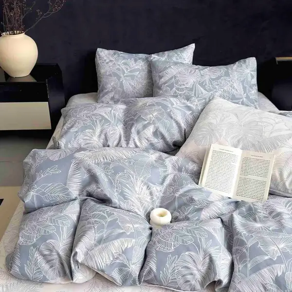 Lenjerie pat dublu, FINET, 6 piese, Jojo Home, Bleu, frunze