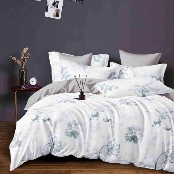 Lenjerie pat dublu, FINET, 6 piese, Jojo Home, Bleu, Gri, flori