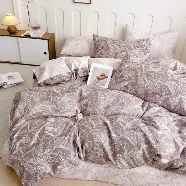 Lenjerie pat dublu, FINET, 6 piese, Jojo Home, Cappuccino, Crem, Frunze