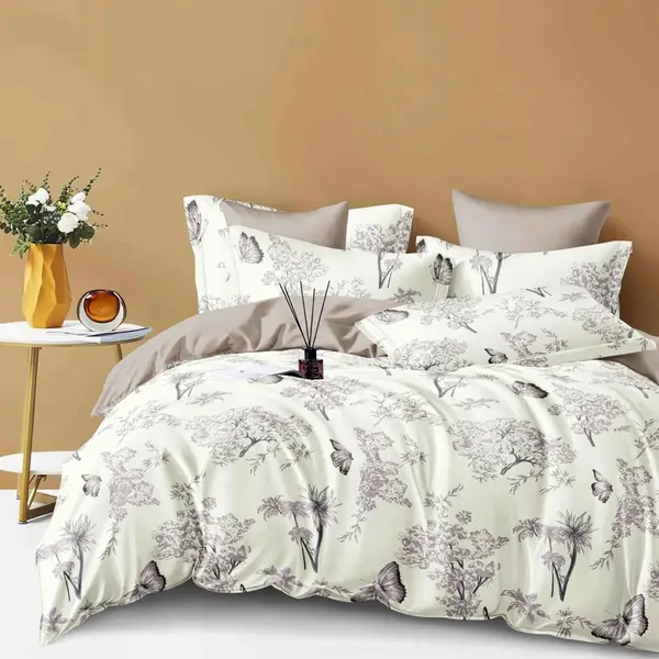 Lenjerie pat dublu, FINET, 6 piese, Jojo Home, Crem, Bej, flori, frunze, fluturi
