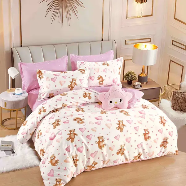 Lenjerie pat dublu, FINET, 6 piese, Jojo Home, Crem, Roz, ursuleti