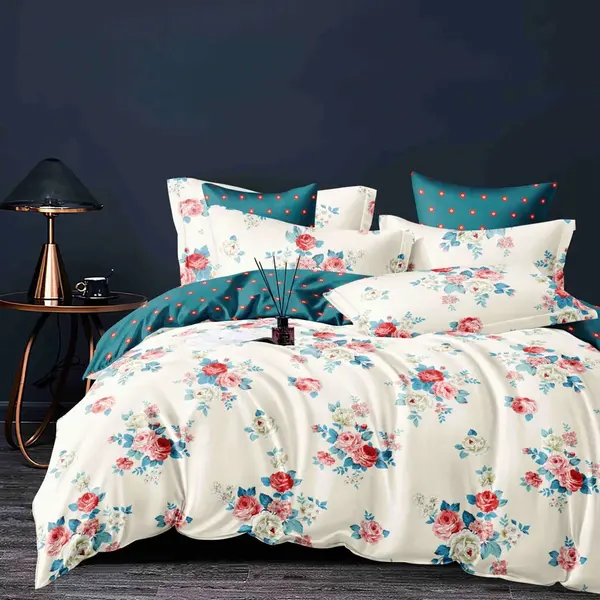 Lenjerie pat dublu, FINET, 6 piese, Jojo Home, Crem, Turquoise, Floricele