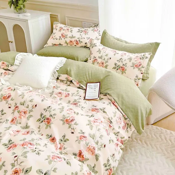 Lenjerie pat dublu, FINET, 6 piese, Jojo Home, Crem, Verde, floricele