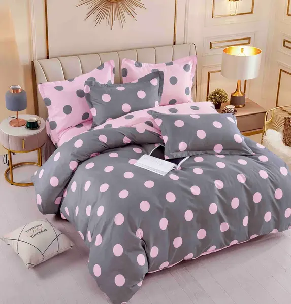 Lenjerie pat dublu, FINET, 6 piese, Jojo Home, Gri, Roz, Buline