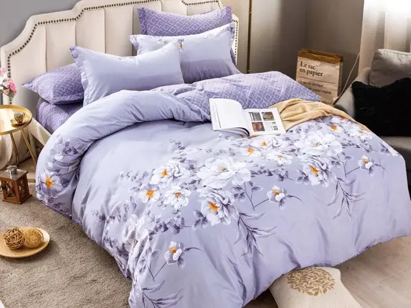 Lenjerie pat dublu, FINET, 6 piese, Jojo Home, Lila-Multicolor, flori